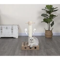 Go Pet Club 20-in IQ Busy Box Cat Scratching Post & Toys, Beige