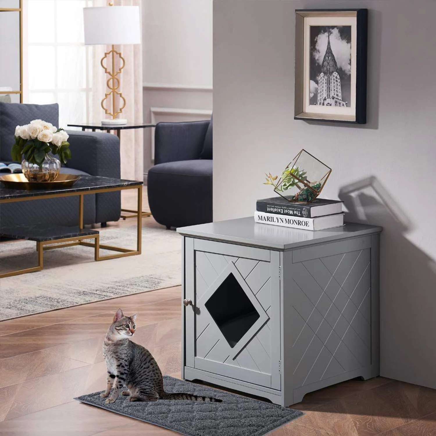 Unipaws Decorative Diamond-Design Cat Litter Box Enclosure 4 Unipaws Decorative Diamond-Design Cat Litter Box Enclosure - Image 2