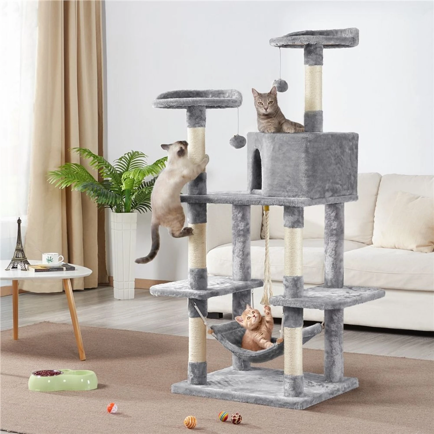 Yaheetech 58-in Plush Cat Tree & Condo, Light Gray 3 Yaheetech 58-in Plush Cat Tree & Condo, Light Gray