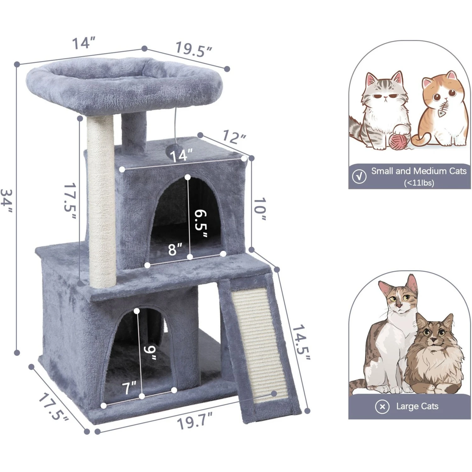 Coziwow By Jaxpety Faux Fur Cat Tree Tower & Condos With Scratch Posts, 34-inch, Grey 4 Coziwow By Jaxpety Faux Fur Cat Tree Tower & Condos With Scratch Posts, 34-inch, Grey - Image 2