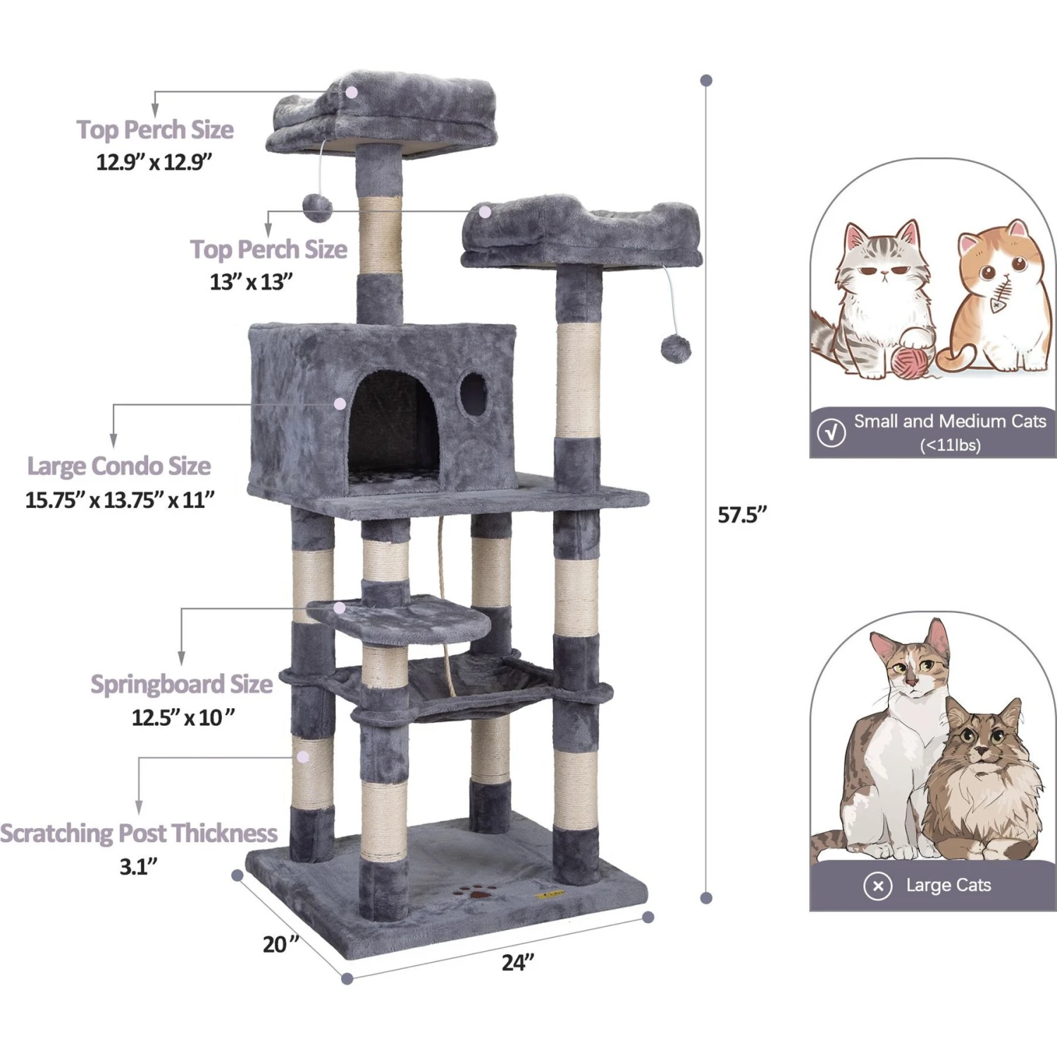 Coziwow By Jaxpety 58-in Cat Tree & Condo With Hammock, Grey 5 Coziwow By Jaxpety 58-in Cat Tree & Condo With Hammock, Grey - Image 3