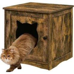 Sweet Barks Enclosed House Side Table Cat Litter Box, Rustic Brown