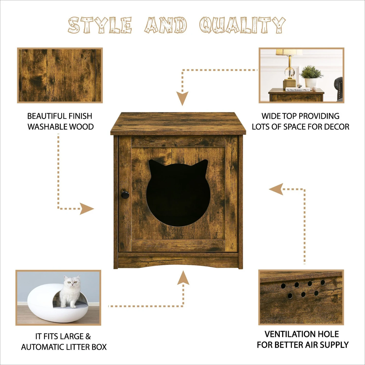 Sweet Barks Enclosed House Side Table Cat Litter Box, Rustic Brown 5 Sweet Barks Enclosed House Side Table Cat Litter Box, Rustic Brown - Image 3