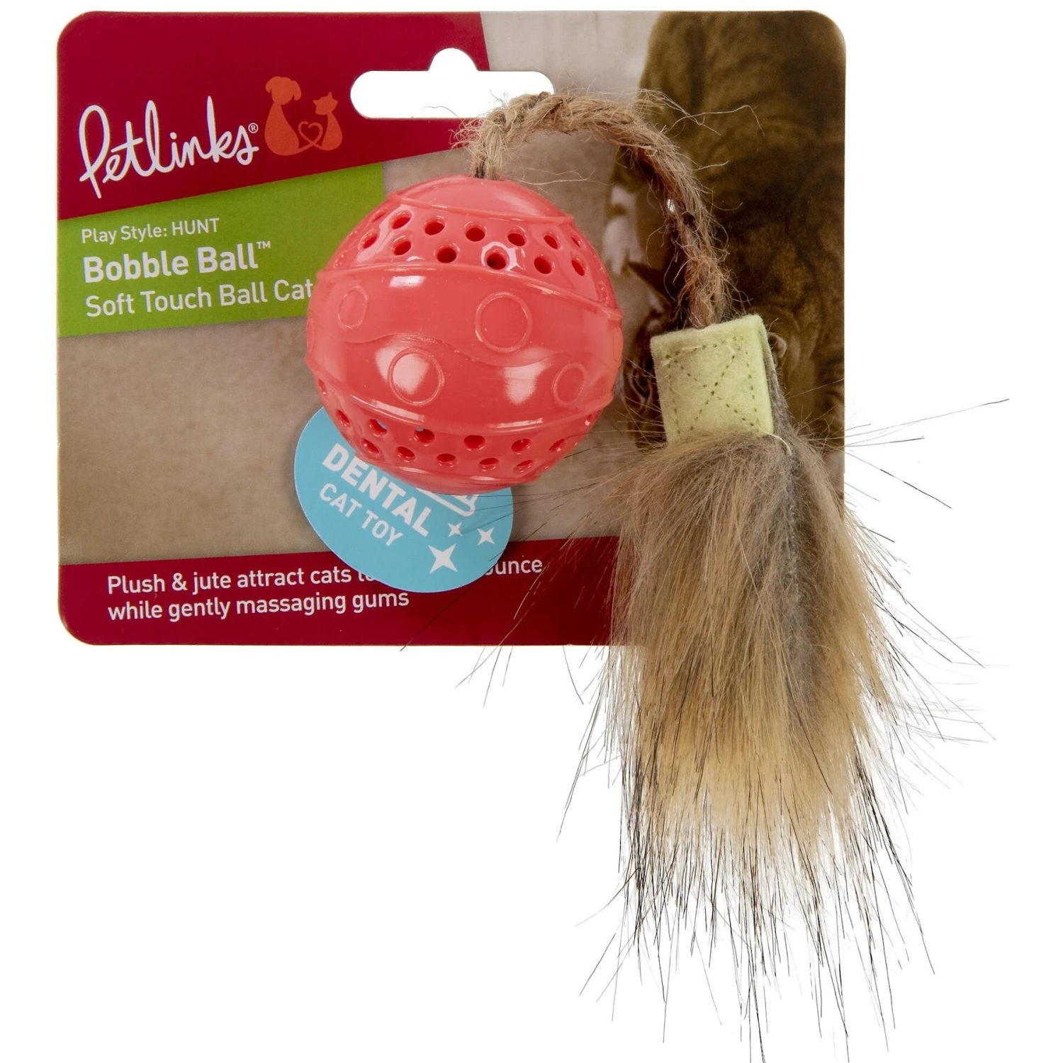 Petlinks Bobble Ball Soft Touch Dental Ball With Faux Fur Tail Cat Toy, Coral, Small 7 Petlinks Bobble Ball Soft Touch Dental Ball With Faux Fur Tail Cat Toy, Coral, Small - Image 5