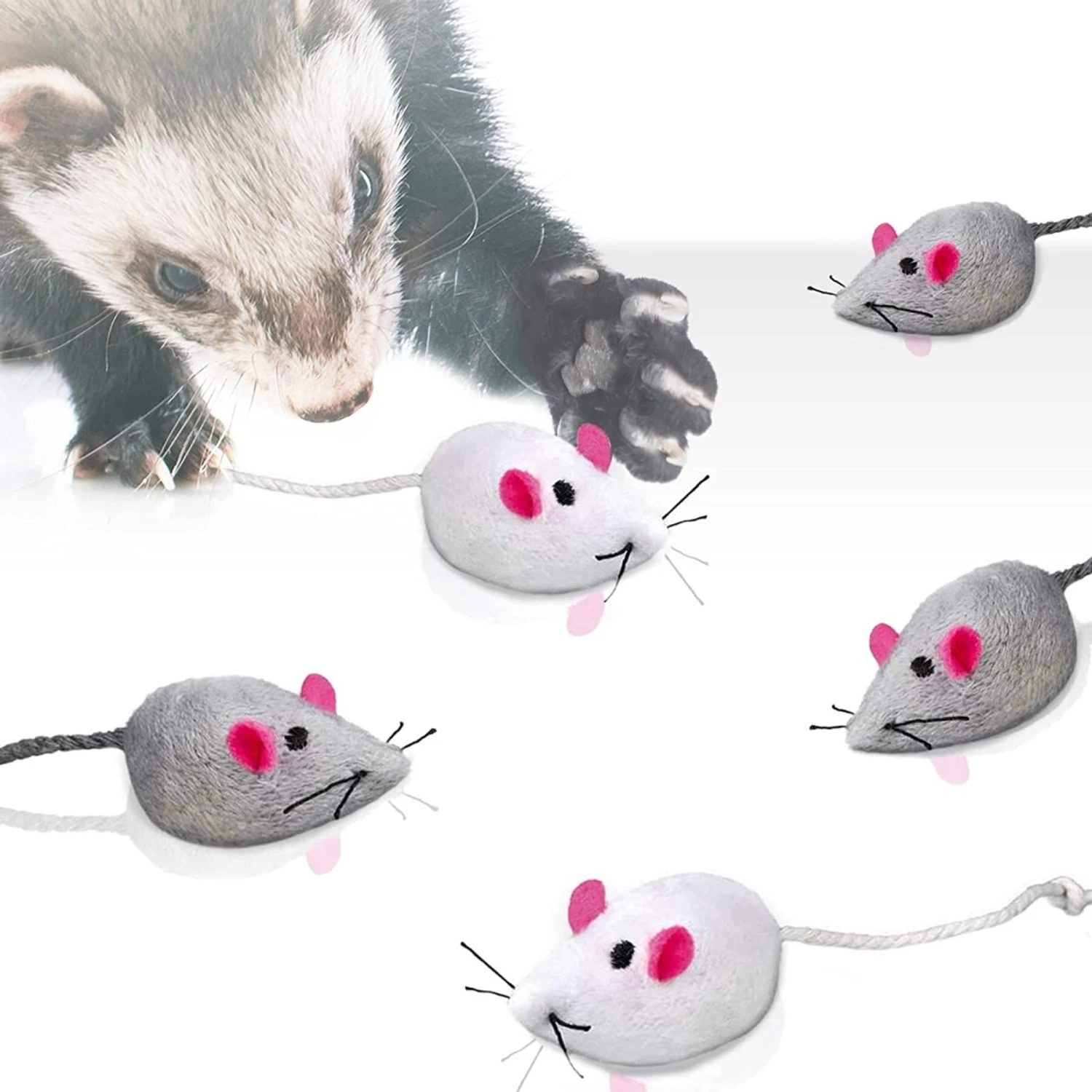 SunGrow Teething Chews Cat & Ferret Chase & Kicker Mouse Plush Toy, 5 Count 5 SunGrow Teething Chews Cat & Ferret Chase & Kicker Mouse Plush Toy, 5 Count - Image 3