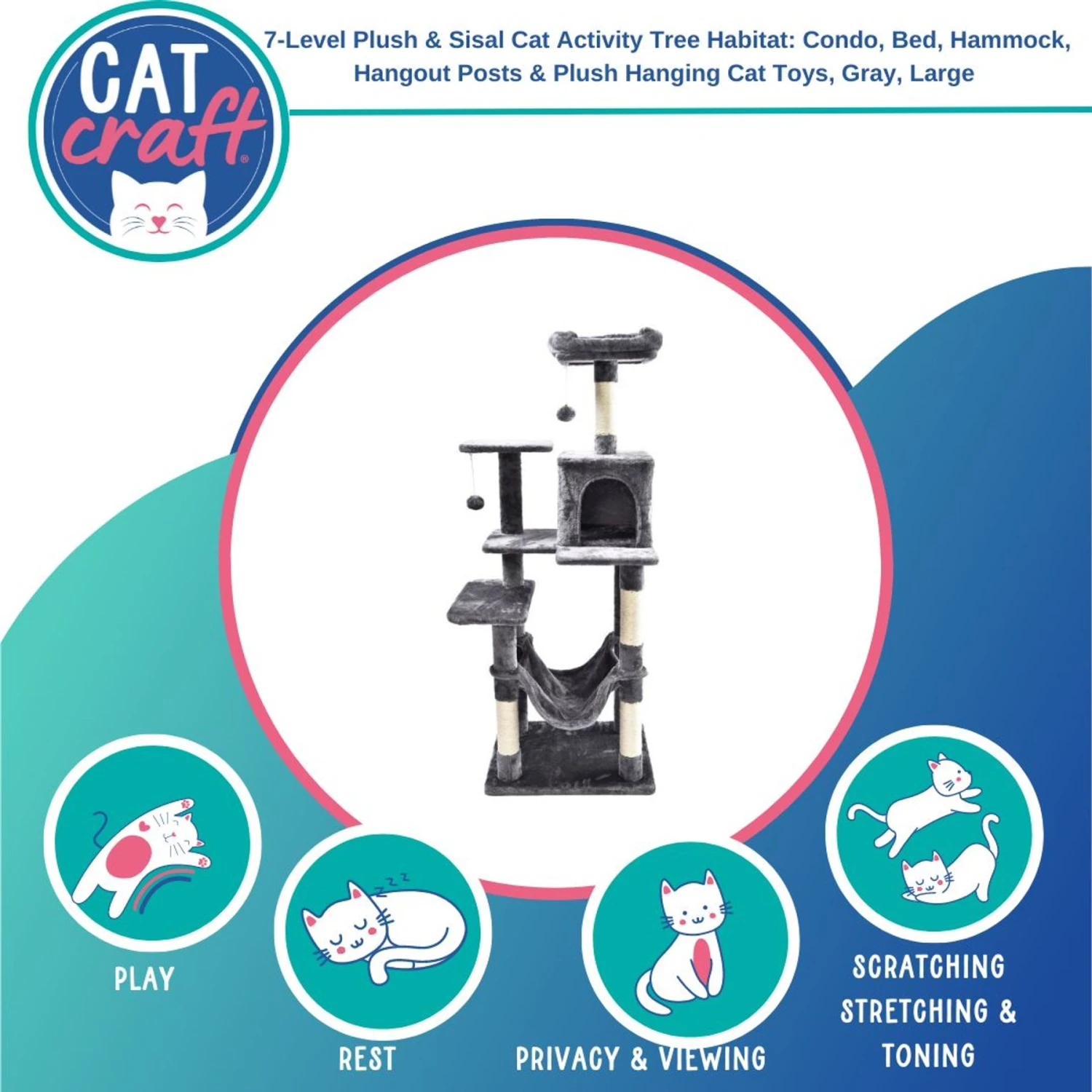 Cat Craft 7 Level Plush & Sisal Cat Activity Cat Tree Habitat, Gray, X-Large 4 Cat Craft 7 Level Plush & Sisal Cat Activity Cat Tree Habitat, Gray, X-Large - Image 2