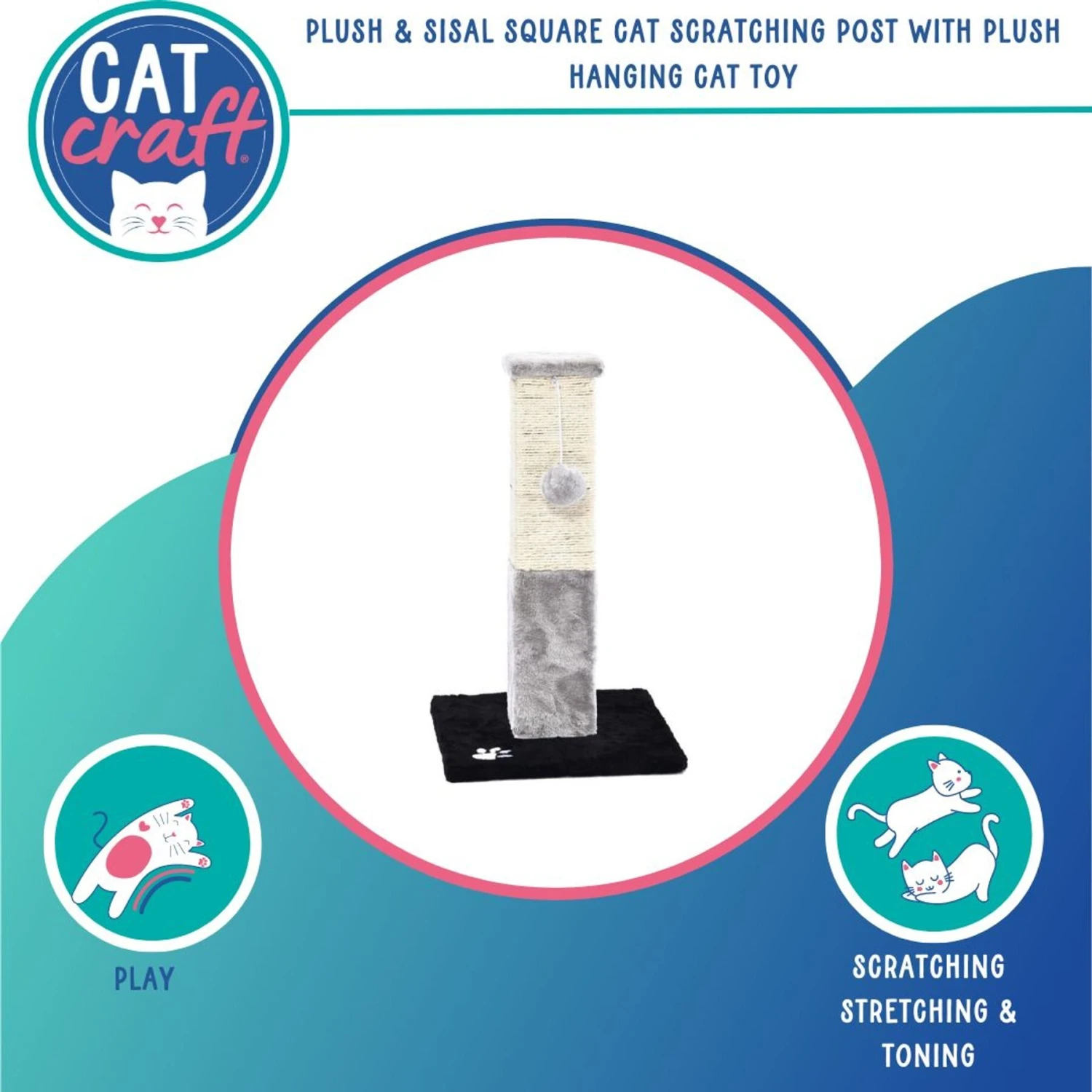 Cat Craft Plush & Sisal Square Cat Scratching Post With Plush Hanging Cat Toy, Gray/Natural, Small 4 Cat Craft Plush & Sisal Square Cat Scratching Post With Plush Hanging Cat Toy, Gray/Natural, Small - Image 2