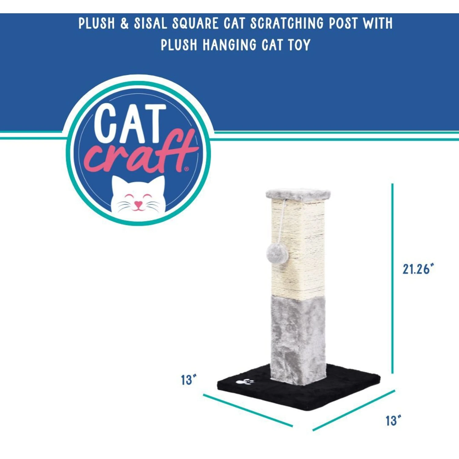 Cat Craft Plush & Sisal Square Cat Scratching Post With Plush Hanging Cat Toy, Gray/Natural, Small 5 Cat Craft Plush & Sisal Square Cat Scratching Post With Plush Hanging Cat Toy, Gray/Natural, Small - Image 3