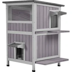 Aivituvin AIR14-1 Two Tier Wooden Cat House With Waterproof Roof & Door Flaps, Grey, Small